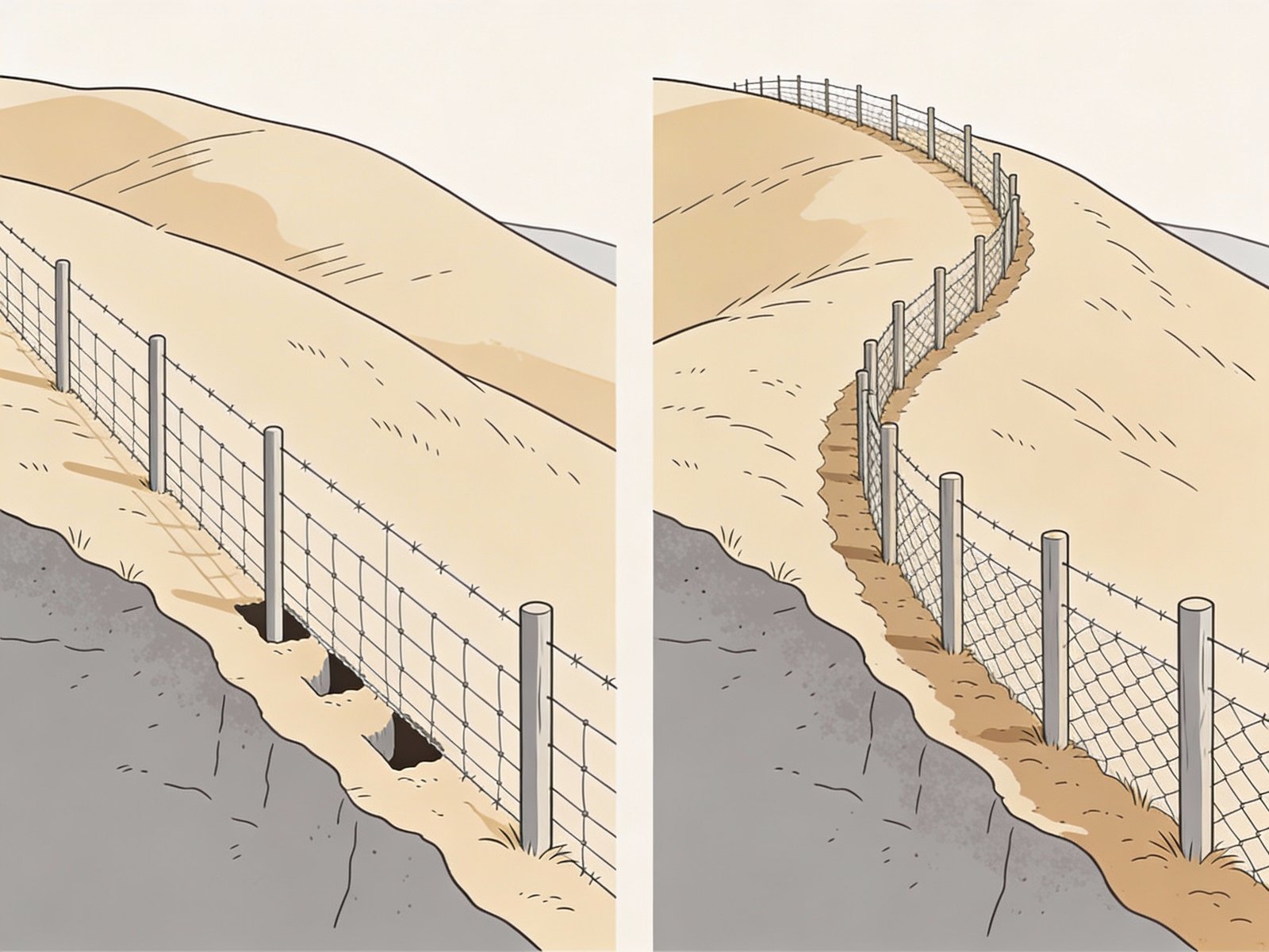 Sheep fencing installation on uneven terrain