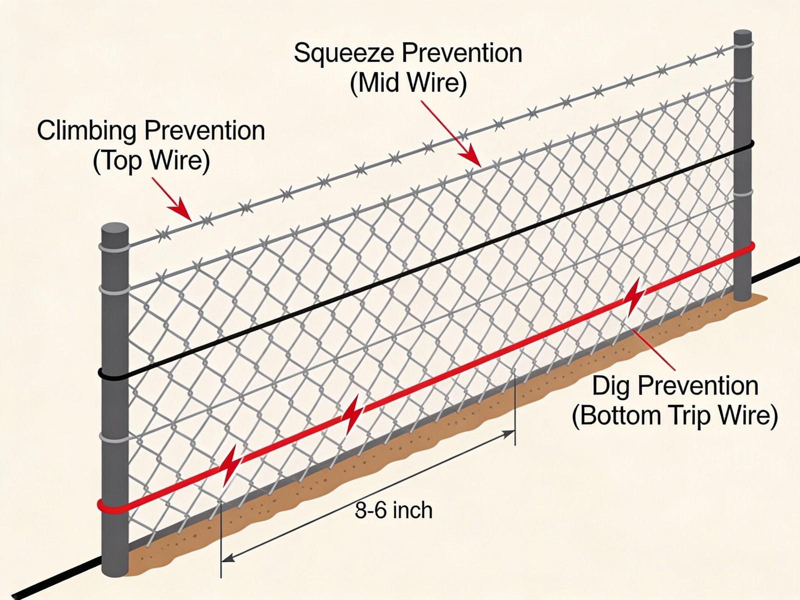 Cross-section diagram of woven wire fence with electric offset wires for predator control