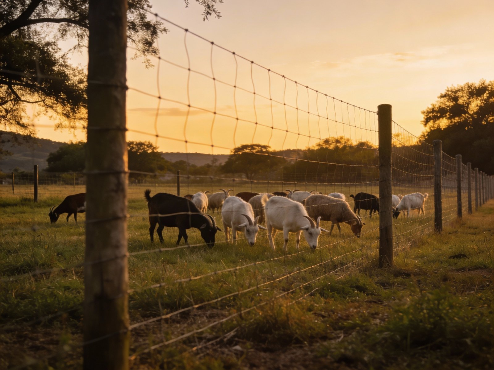 Goats safely enclosed in fenced pasture during evening hours when predator activity peaks