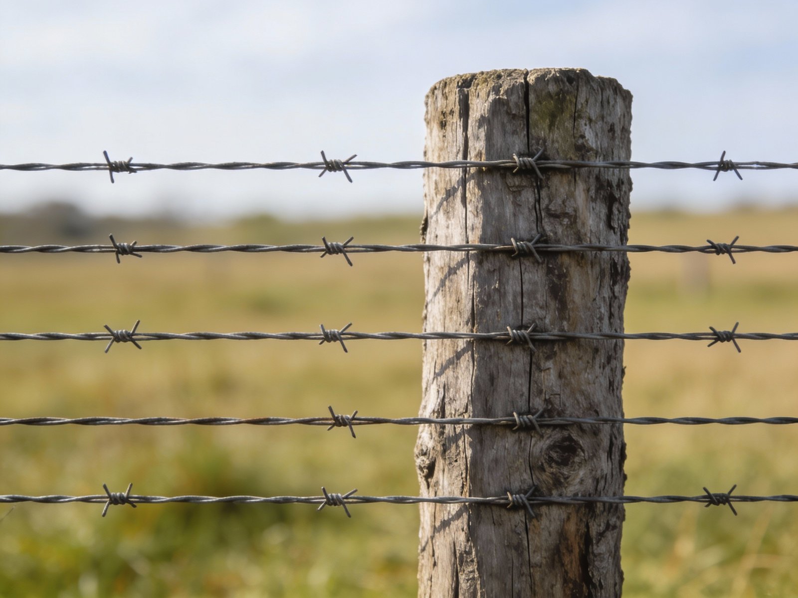 Barbed wire strand spacing on fence post showing proper height intervals