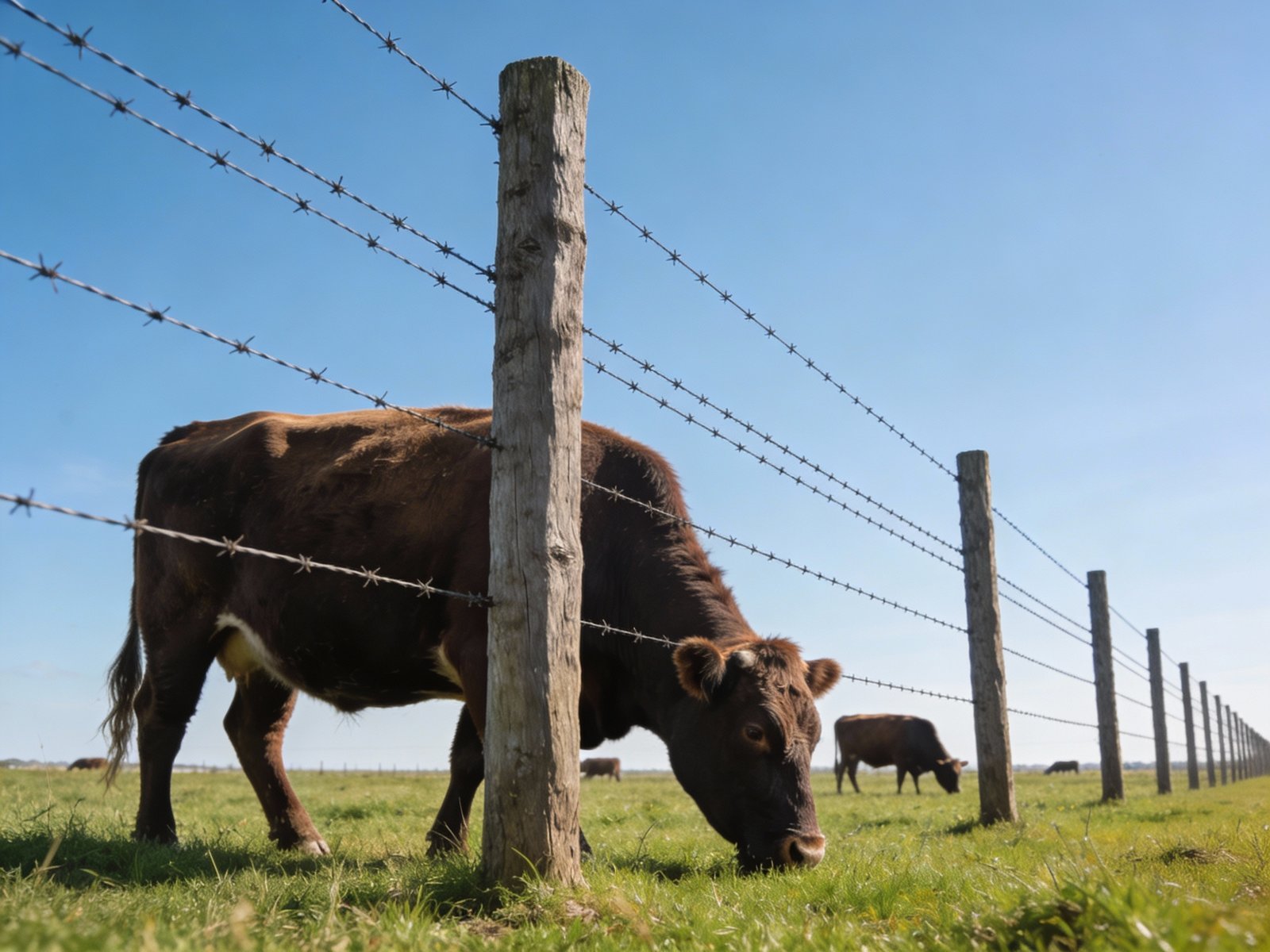 Mature beef cattle grazing behind a properly installed multi-strand barbed wire fence