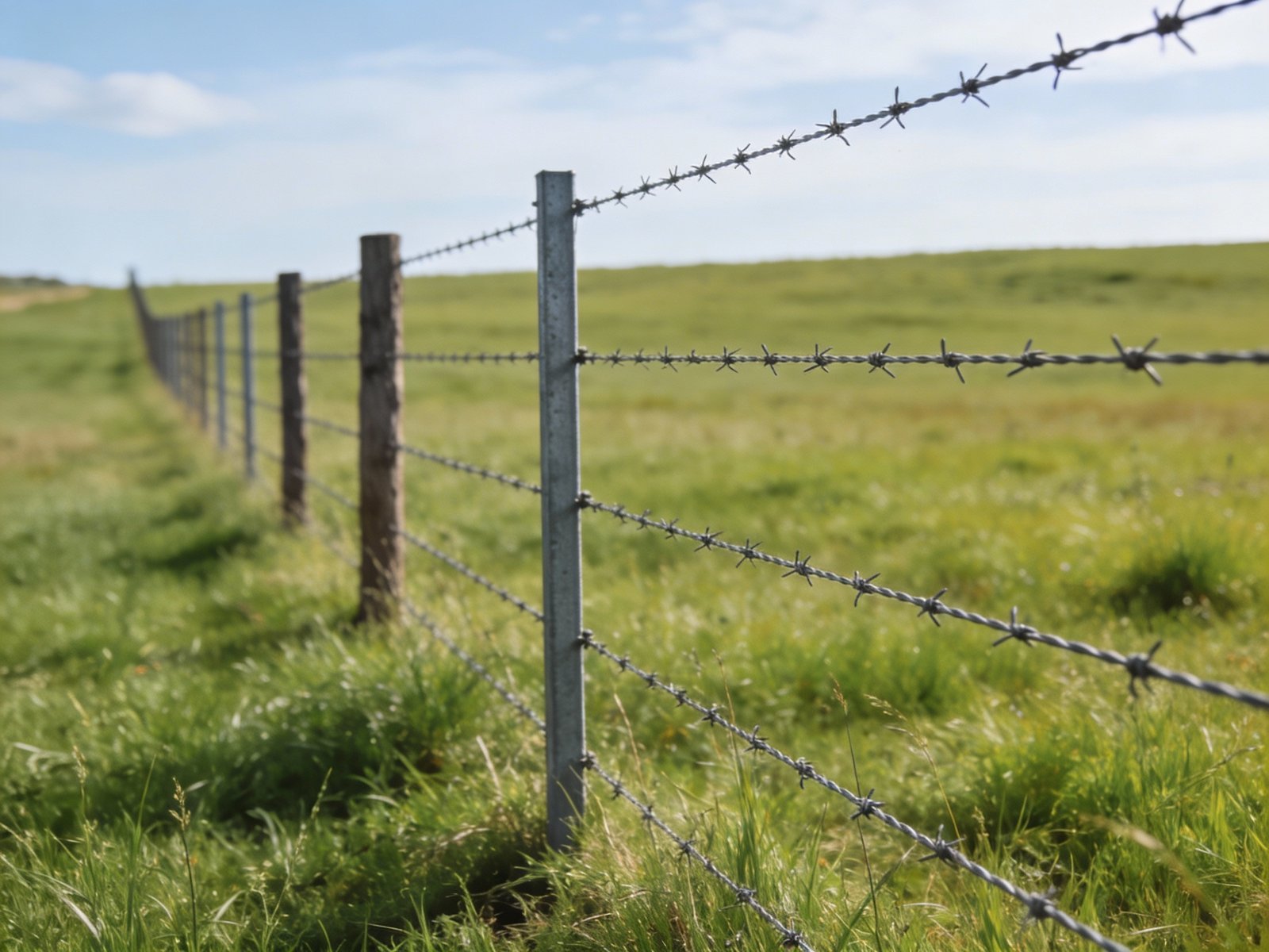 Traditional barbed wire cattle fence in open pasture setting