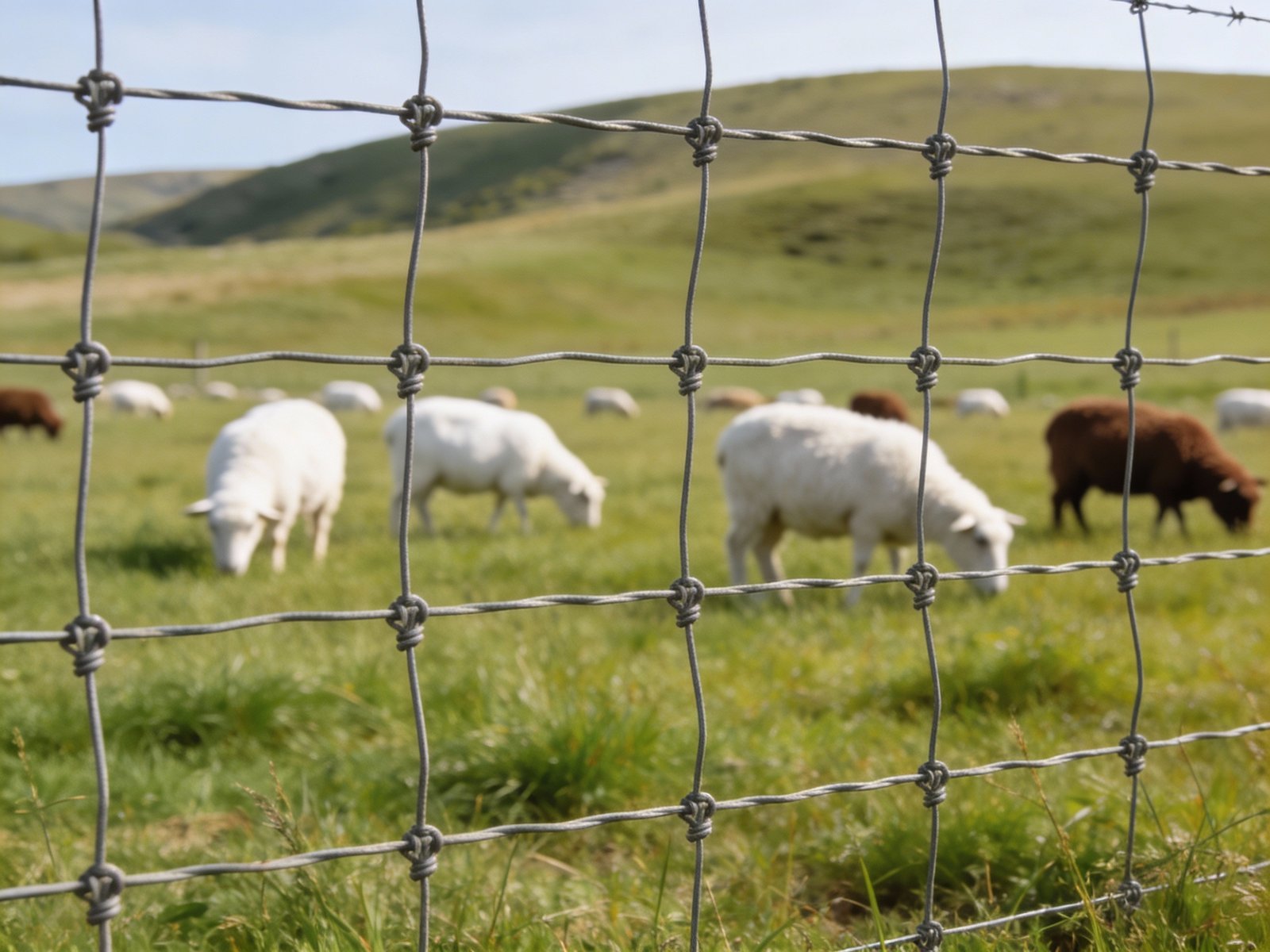 Sheep contained behind woven wire fence in pasture