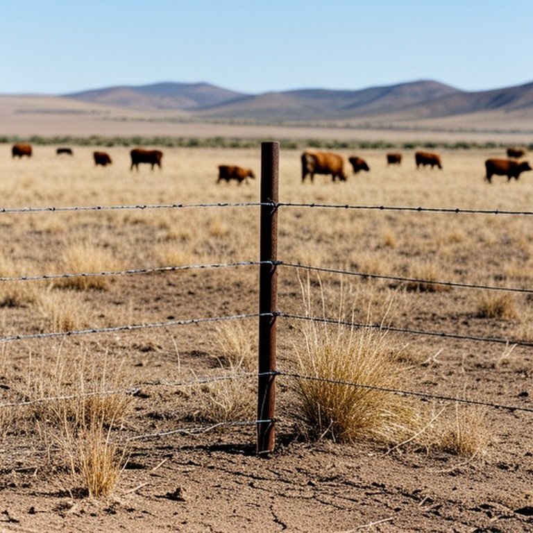 Realistic photograph of drought-adapted agricultural fencing in arid landscape with steel T-posts and high-tensile wire, grazing cattle in dry clay soil