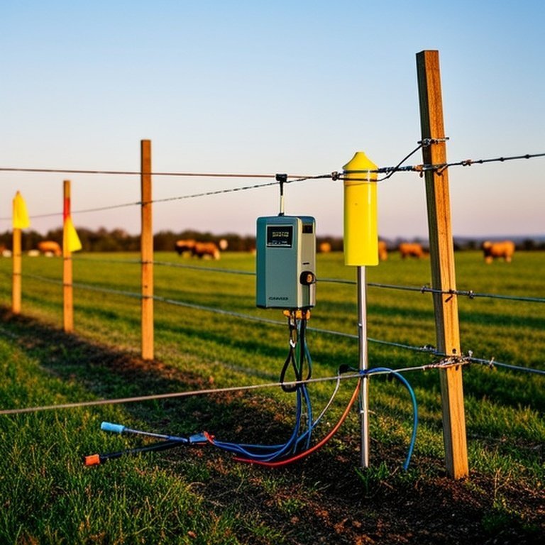 Realistic photograph of a well-maintained electric fence on a sunny agricultural farm, featuring a modern certified energizer, ground rod with testing tools, visibility flags, insulators, and grazing livestock, highlighting safety and proper setup