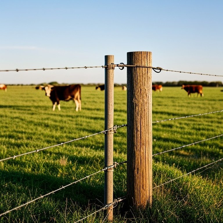 Realistic documentary-style photograph of a rural cattle pasture with a practical fencing system including corner bracing, tensioned wire, offset deterrent wire, and designated rubbing post to prevent cattle damage