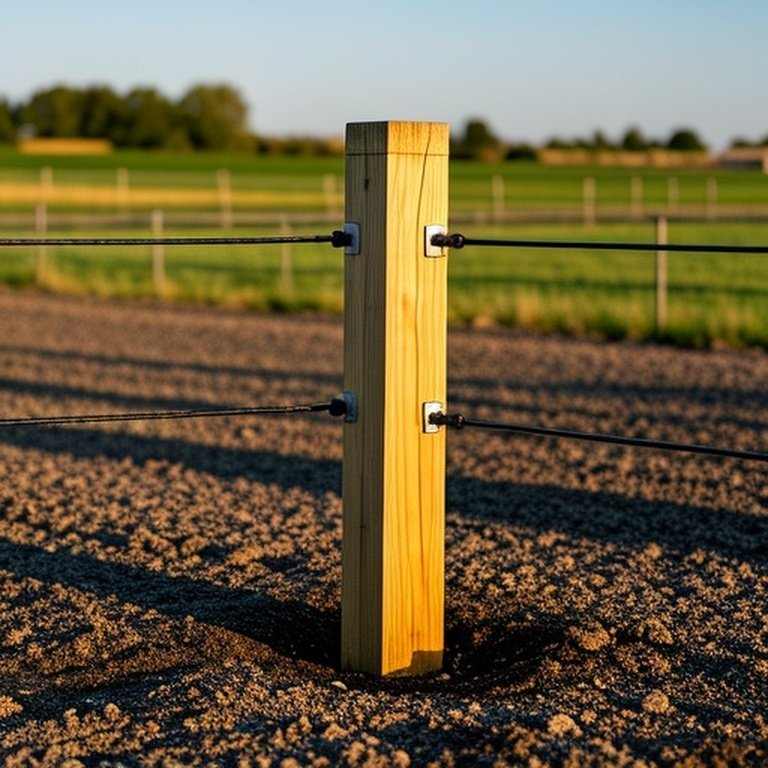 Preventive fencing post installation in rural farm setting with pressure-treated wood and drainage Documentary-style preventive fencing practice in rural farm: pressure-treated fence post installation with proper drainage and moisture management