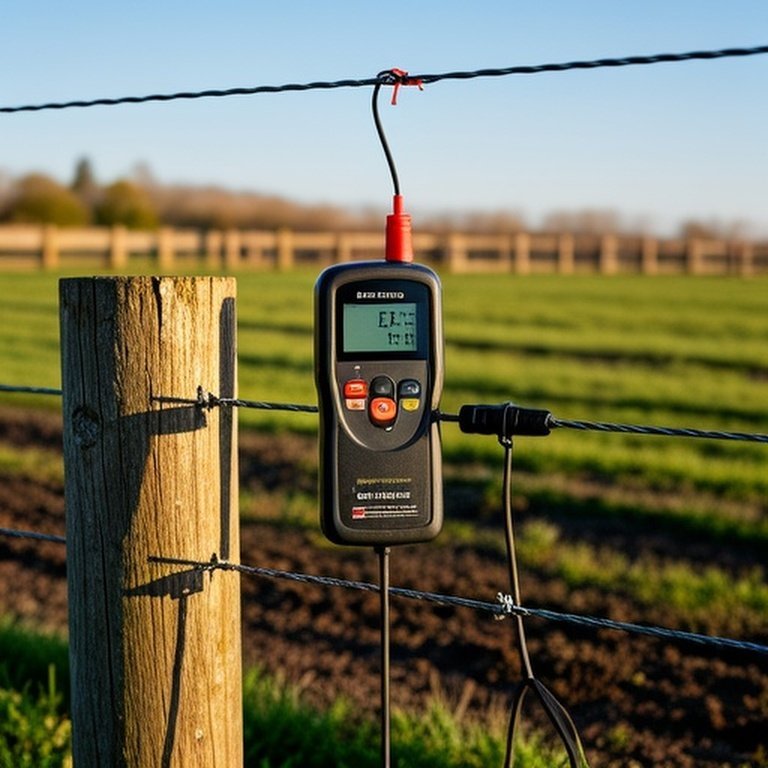 Digital electric fence tester testing voltage on a metal fence in an agricultural pasture Digital electric fence tester demonstrating voltage testing on a metal fence in an agricultural pasture