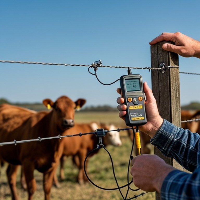 Farmer using a digital electric fence voltage tester on a livestock fence in a rural farmland setting