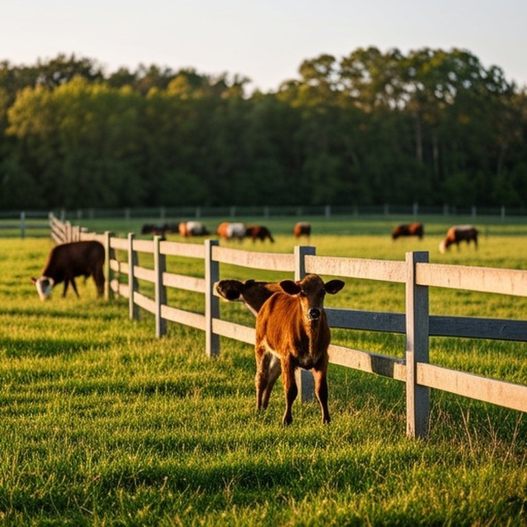 Grassy pasture with composite fencing and grazing cattle at golden hour, highlighting agricultural fencing suitability for moderate livestock pressure