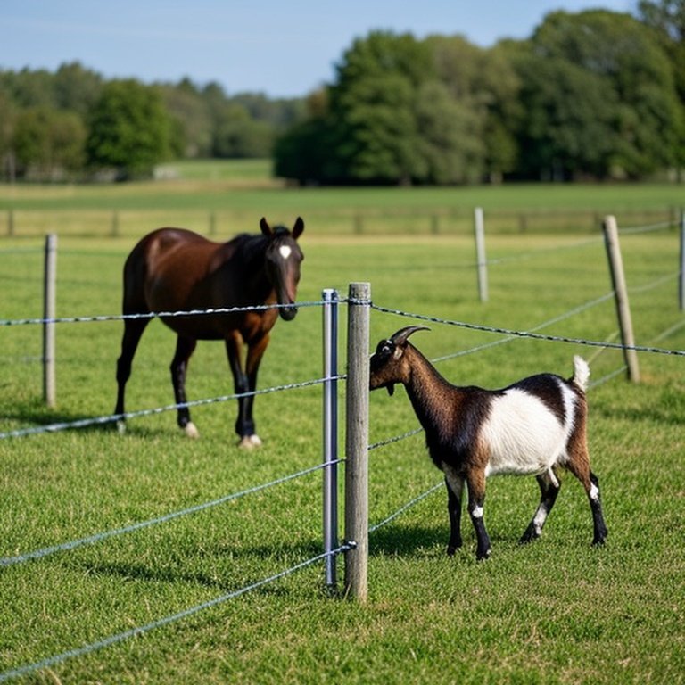 Realistic photographic scene of rural farm pasture with tensioned flexible and smooth composite fencing for livestock safety, showing a horse in flexible fencing and a goat in composite fencing Realistic photographic scene of rural farm pasture with tensioned flexible and smooth composite fencing for livestock safety, showing a horse in flexible fencing and a goat in composite fencing