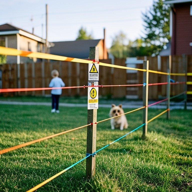 Realistic documentary-style photograph of a well-maintained electric fence in a small agricultural backyard, emphasizing proper installation and visibility (warning tape, signs) for child and pet safety, with a child observing from distance and a calm dog on the safe side