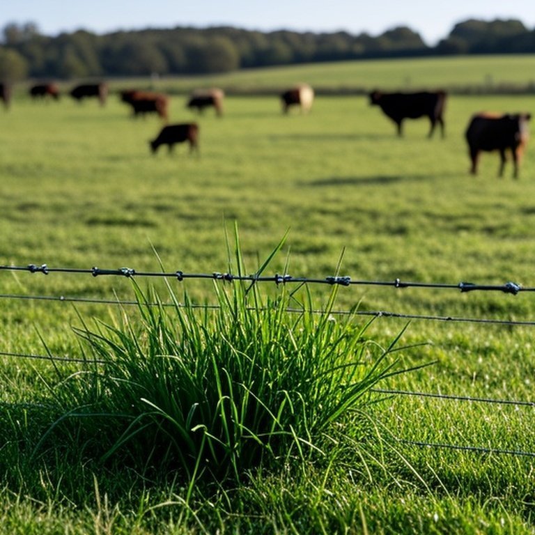 Grassy farm pasture with electric cross fencing and grazing cattle, demonstrating rotational grazing principles in a well-managed rural setting