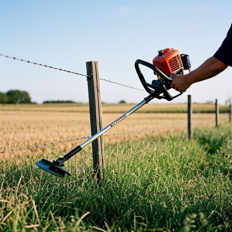 Safe grass trimming technique demonstration with gas-powered weed trimmer in rural agricultural documentary scene
