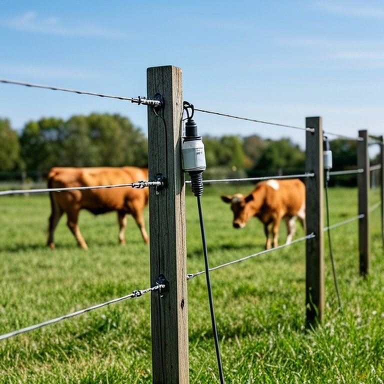 Well-installed permanent electric fence in sunny rural pasture showing safety features and calm grazing cattle Properly installed permanent electric fence in sunny rural pasture with grazing cattle demonstrating safety