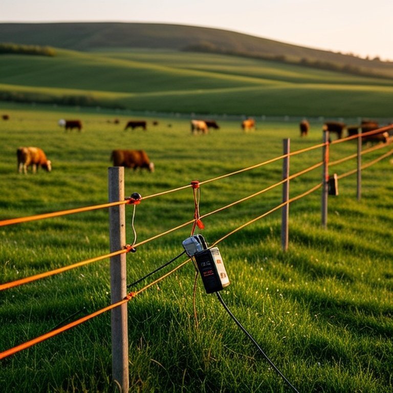 Realistic photograph of pastoral farm pasture with temporary electric fencing for rotational grazing, showing trained cattle at the fence edge