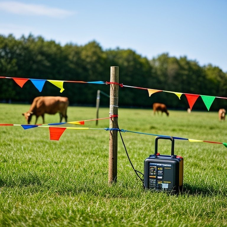 Temporary electric fence setup in sunny grassy pasture with grazing cattle