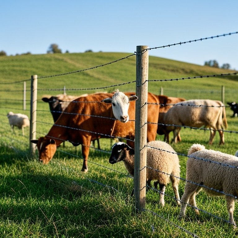 Realistic farm pasture scene with woven wire field fence and mixed livestock