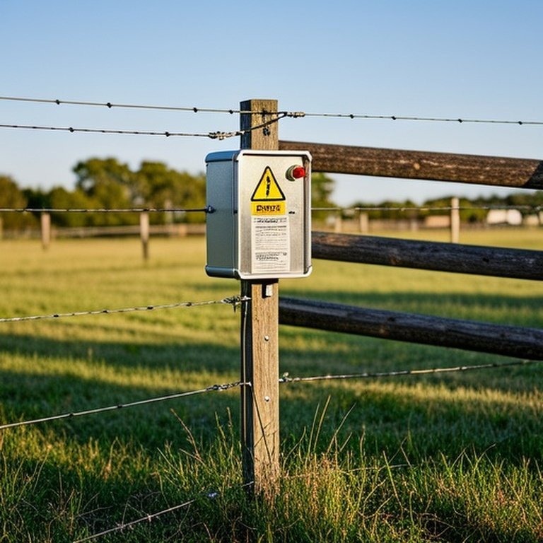 Well-maintained electric fence system in rural agricultural pasture