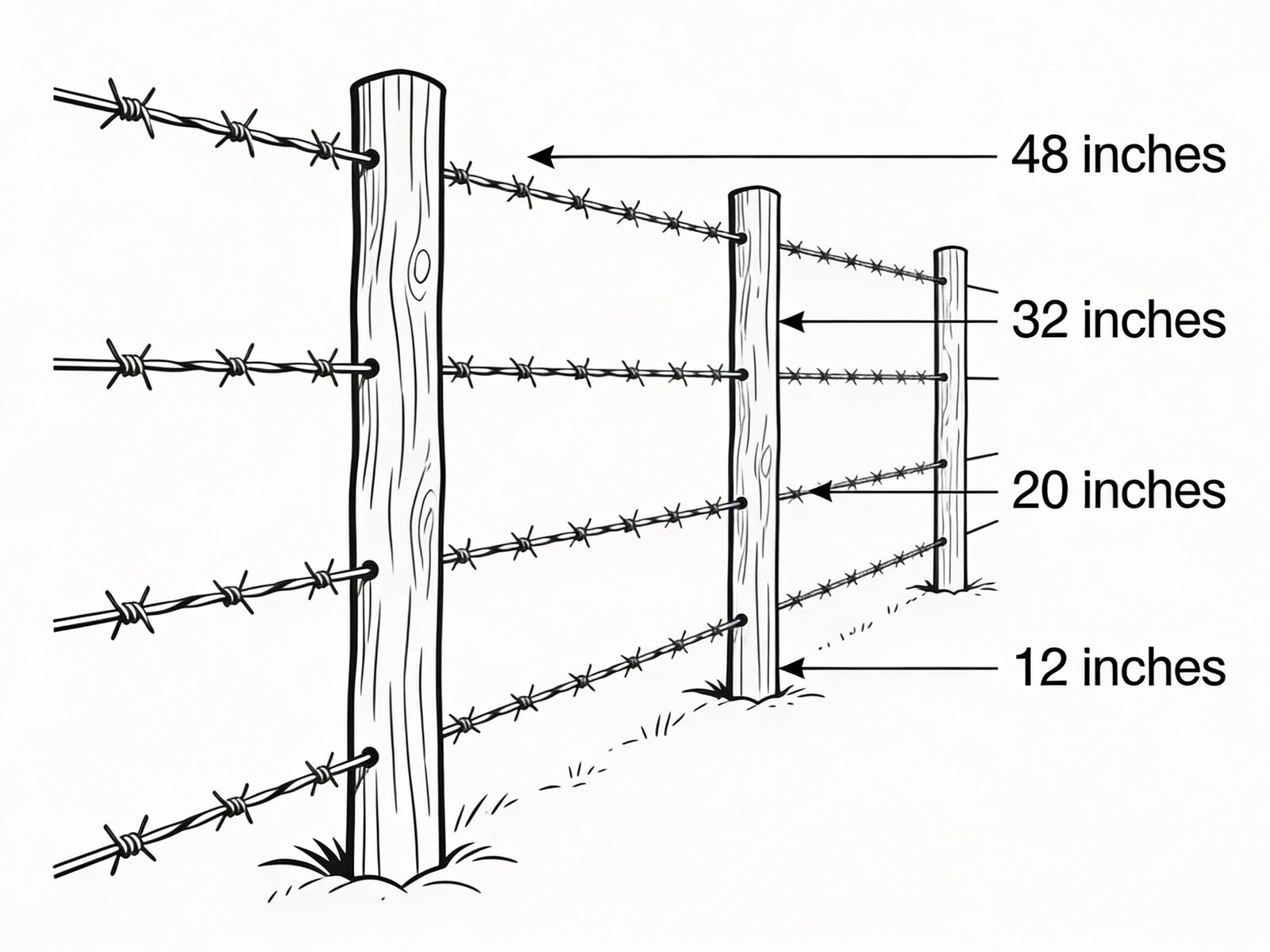 Close-up view showing barbed wire spacing, tension, and post attachment on a cattle fence