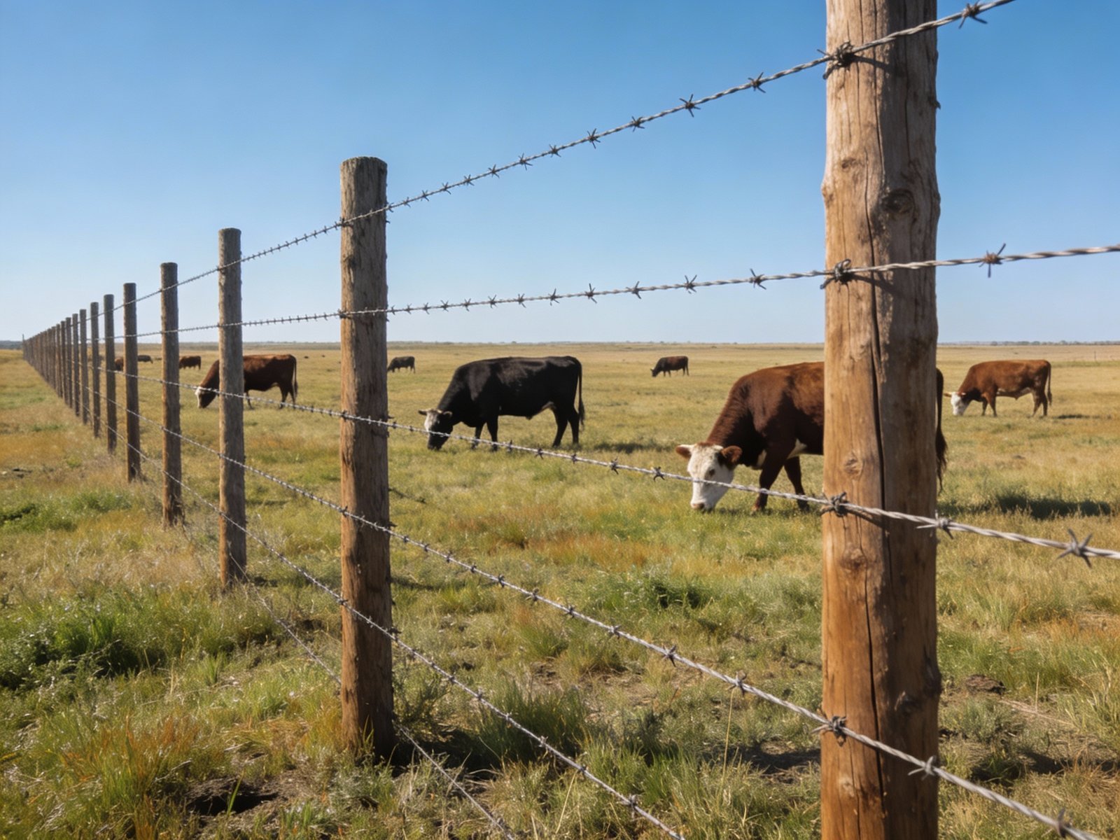 Properly installed barbed wire fence used for mature cattle in an open pasture