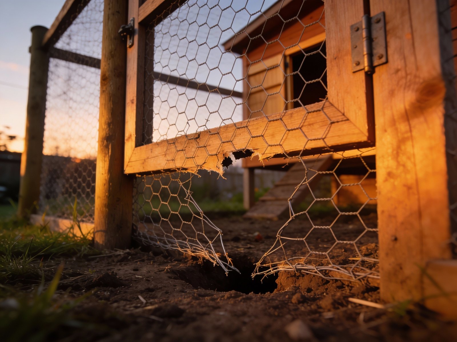 Damaged chicken wire on coop showing predator breach at ground level