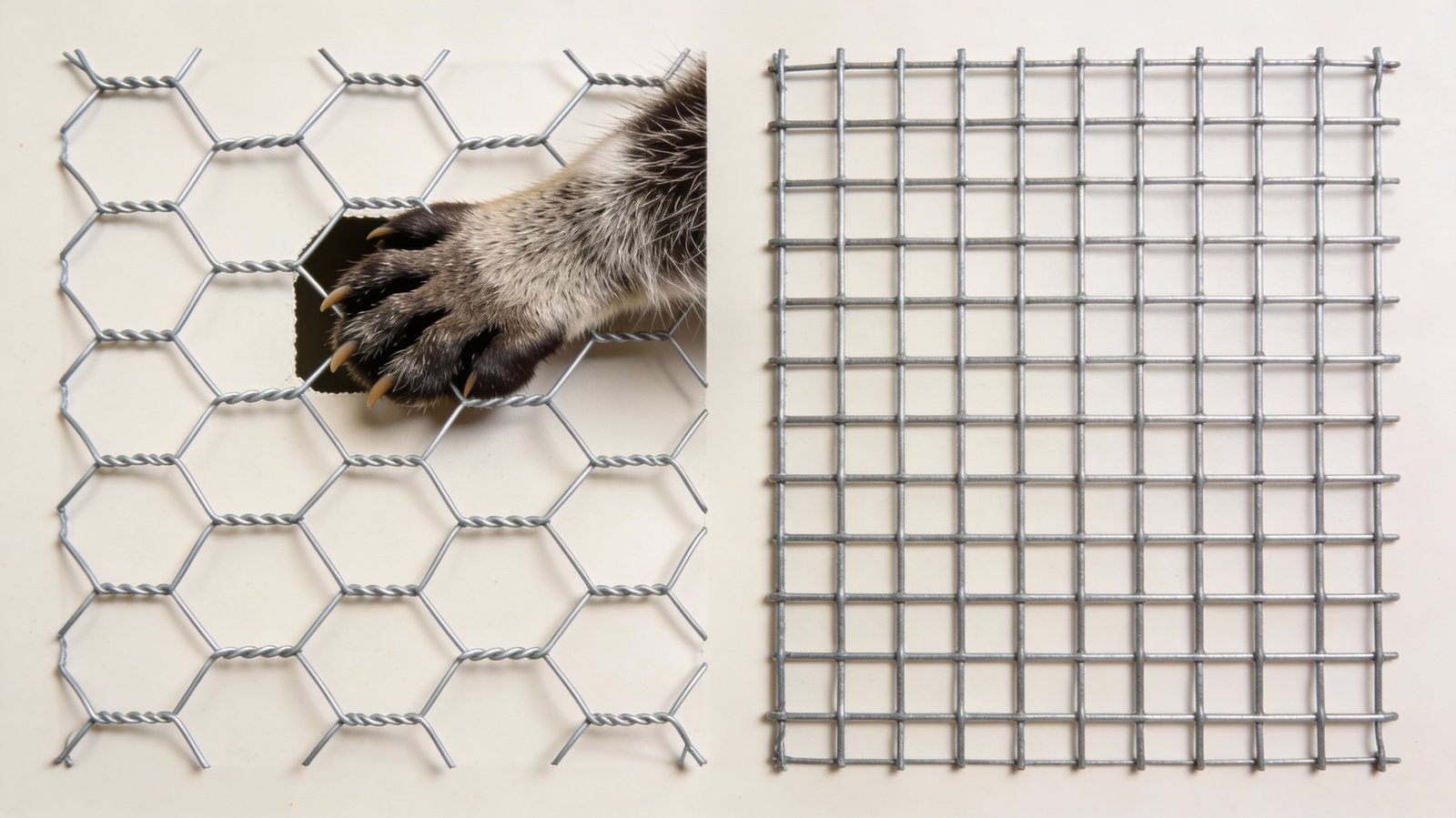 Technical comparison showing wire thickness and opening size differences between chicken wire and hardware cloth
