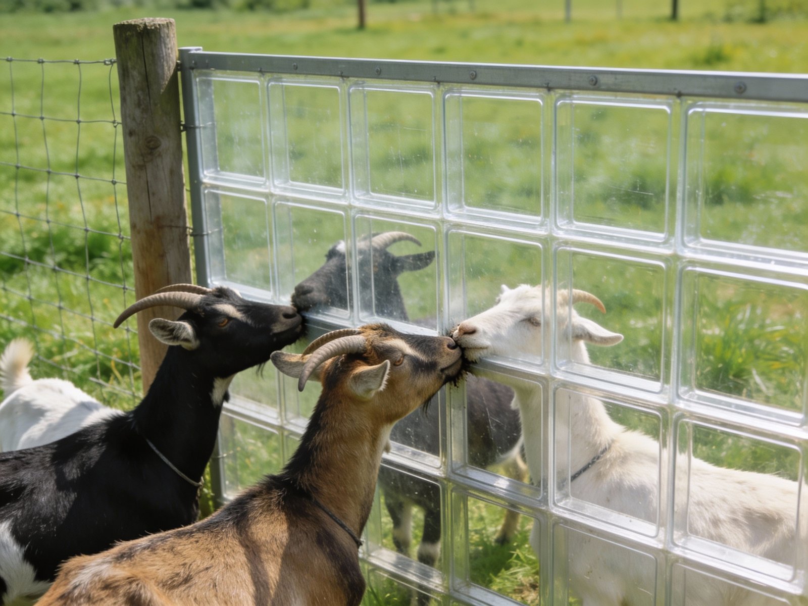 Goats interacting with welded wire fencing