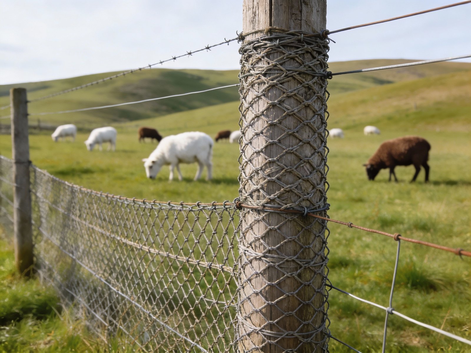 Sheep pasture with different fencing types