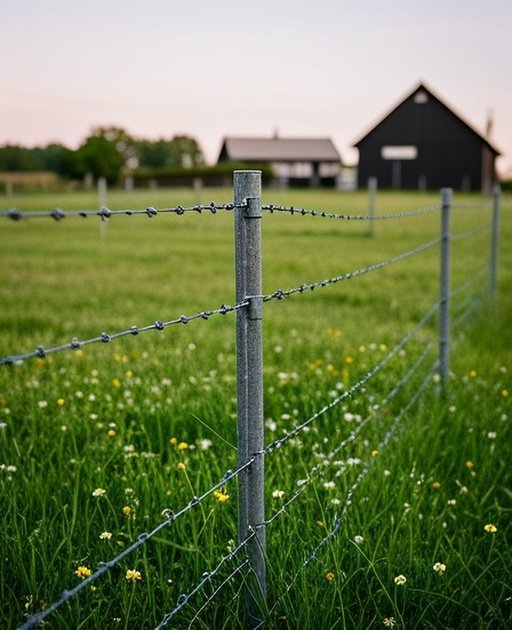 Properly installed poultry fencing system in rural agricultural pasture with galvanized wire mesh fence posts and double layer chicken wire, set against a pastoral landscape with green grass, clover, wildflowers, and distant barn in natural daylight