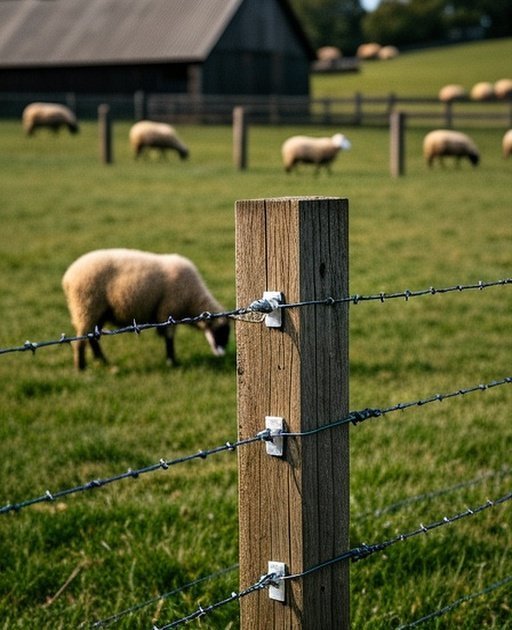 Properly installed sheep fencing system with evenly spaced wooden posts, woven wire fencing, and grazing sheep in a rural agricultural pasture.