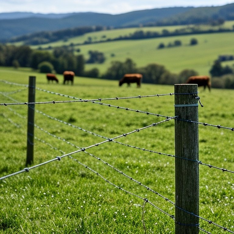 Realistic documentary-style photograph of temporary electric cross fencing in pastoral landscape for rotational grazing