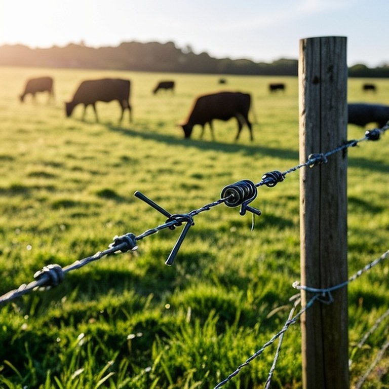 Realistic well-tensioned electric fence in pastoral agricultural setting with grazing cattle