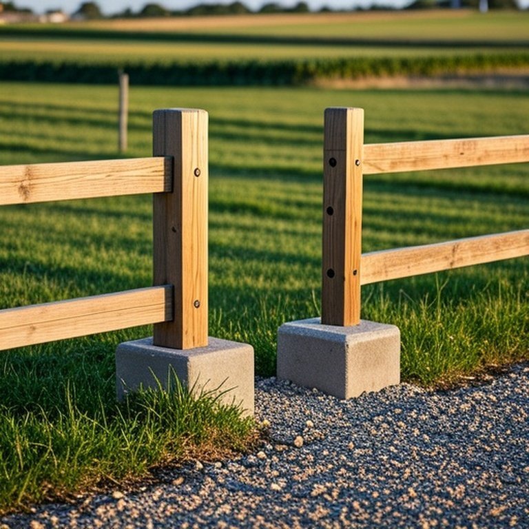Agricultural fence line with wooden posts on gravel and concrete bases illustrating trade-offs in livestock fencing post-setting methods