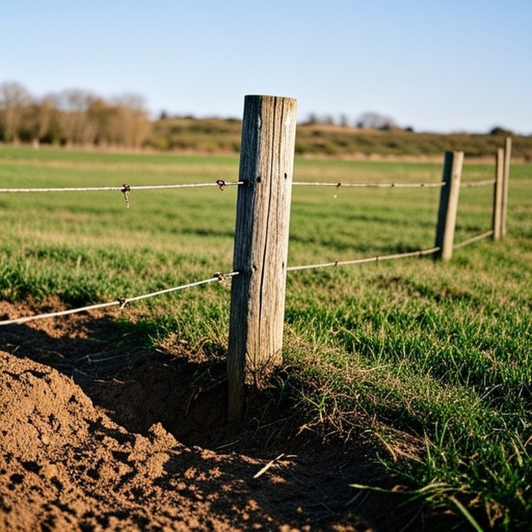 Weathered wooden fence post in grassy agricultural pasture with soil erosion affecting stability