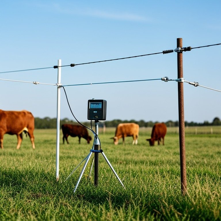 Realistic documentary-style pastoral farm pasture with temporary and permanent electric fencing systems, calm cattle grazing in natural sunlight