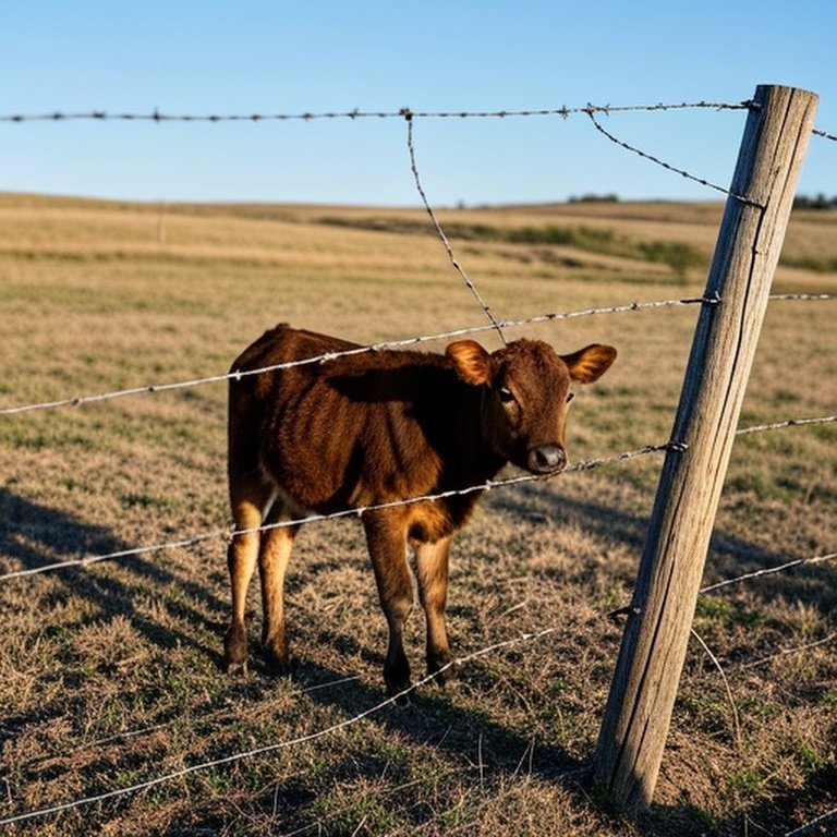 Documentary photograph of rural farm barbed wire fence showing common issues: sagging wires, leaning rotted post, and calf attempting to escape through gap (livestock pressure)