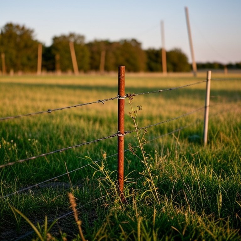 Documentary-style photo of a permanent electric fence in an agricultural pasture showing common issues: poor grounding, vegetation contact, structural weakness, and inadequate equipment during golden hour