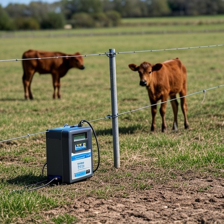 Portable electric fence setup with common issues in grassy pasture, calves in agricultural surroundings