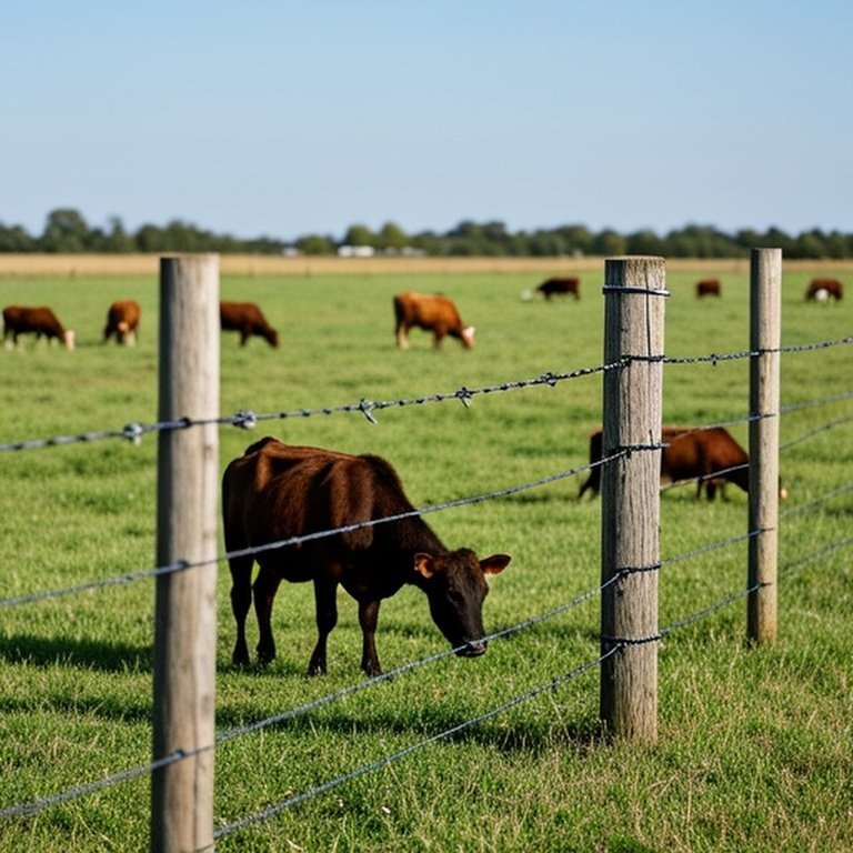 Realistic photograph of a well-maintained agricultural pasture with electric and woven wire fencing, showing calm cattle grazing within the fenced area, illustrating durable farm fencing setup.