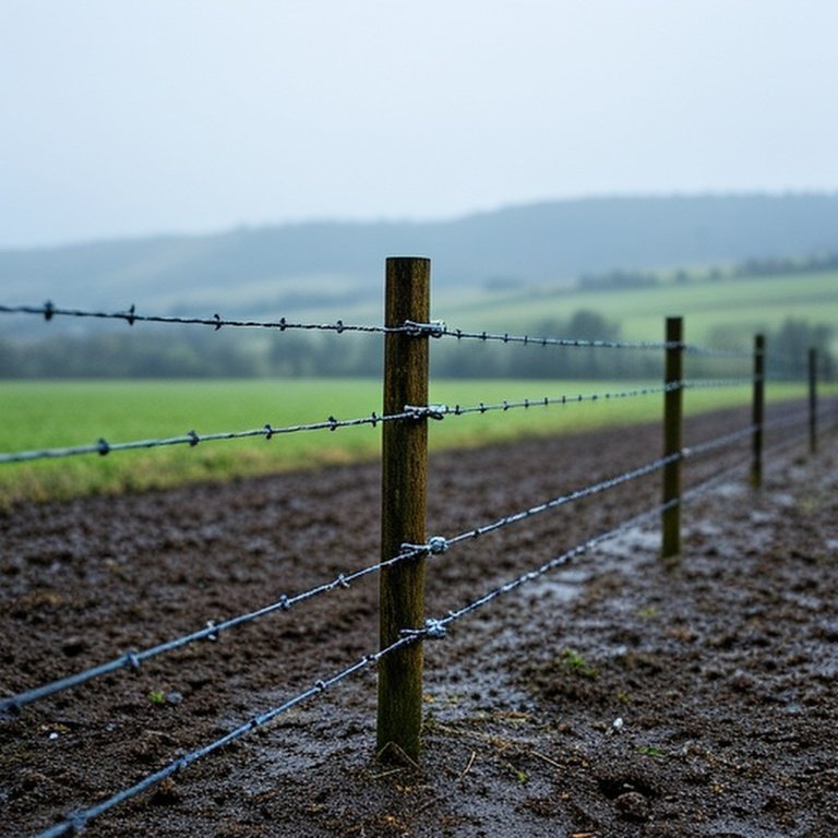 High-tensile galvanized wire fence with pressure-treated wooden posts in muddy high-rainfall agricultural landscape
