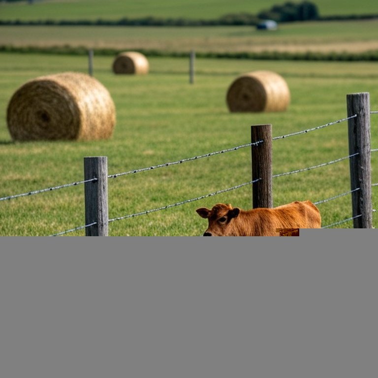 Realistic pastoral farm pasture showcasing three distinct fencing systems: modern composite, traditional wooden, and tensioned wire, with grazing cattle and calf, emphasizing agricultural setting and fencing functional differences Realistic pastoral farm pasture showcasing three distinct fencing systems with grazing cattle and calf, emphasizing agricultural setting and functional fencing differences
