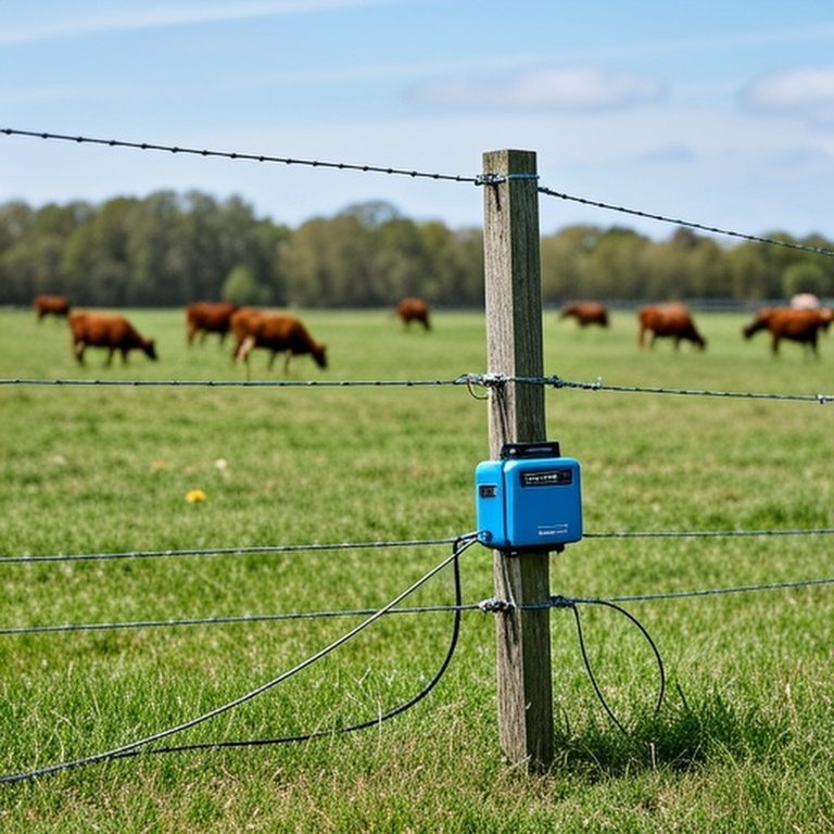Permanent electric fence system in rural agricultural field with wooden corner posts, metal intermediate posts, high-tensile wire, energizer unit, ground rod, and calm grazing cattle emphasizing long-term livestock containment