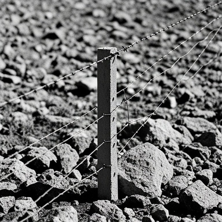 High-tensile wire fence corner installation on rocky ground with steel T-posts and concrete-filled corner post, agricultural setting emphasizing adaptability to rocky terrain