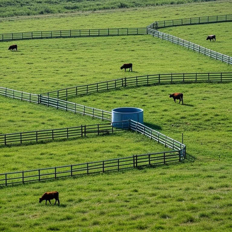 Documentary-style photograph of a working rotational grazing pasture with secure perimeter fence and central water trough