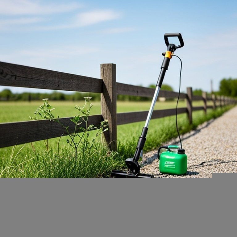 Rural pasture fence line with gravel barrier and maintenance tools for vegetation control Rural pasture fence line with gravel barrier and maintenance tools for vegetation control