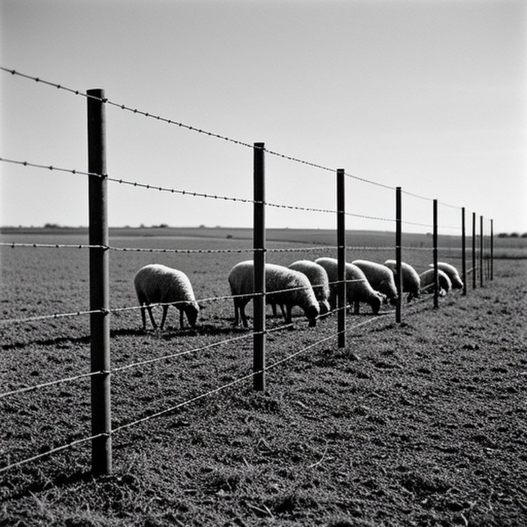 Rural farm field with woven wire fence for livestock containment (structural setup)
