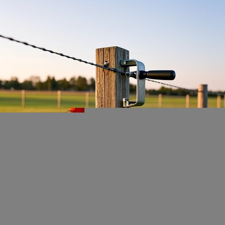 Rural agricultural field with newly installed high-tensile wire fence and farm tensioning equipment