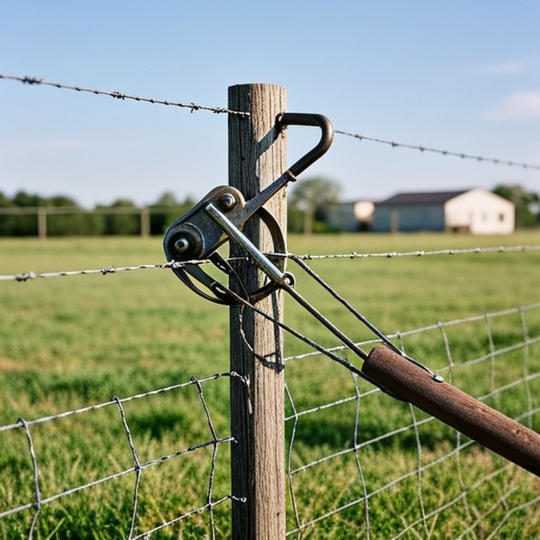 Rural agricultural wire fence repair scene with metal come-along tool