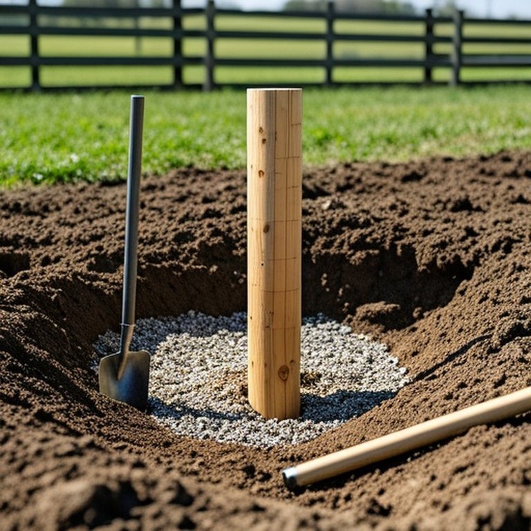 Realistic documentary-style photograph of wooden fence post installation in farm pasture without concrete